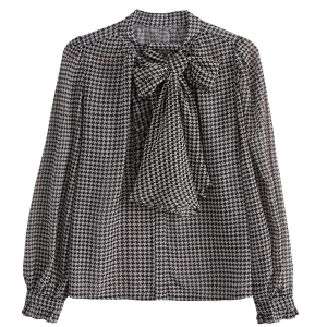 RM20514#新款气质千鸟格复古法式设计感小众衬衫飘带衬衣