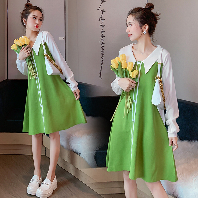 实拍1973#孕妇秋冬毛衣时尚撞色拼接针织连衣裙气质显瘦打底衫潮