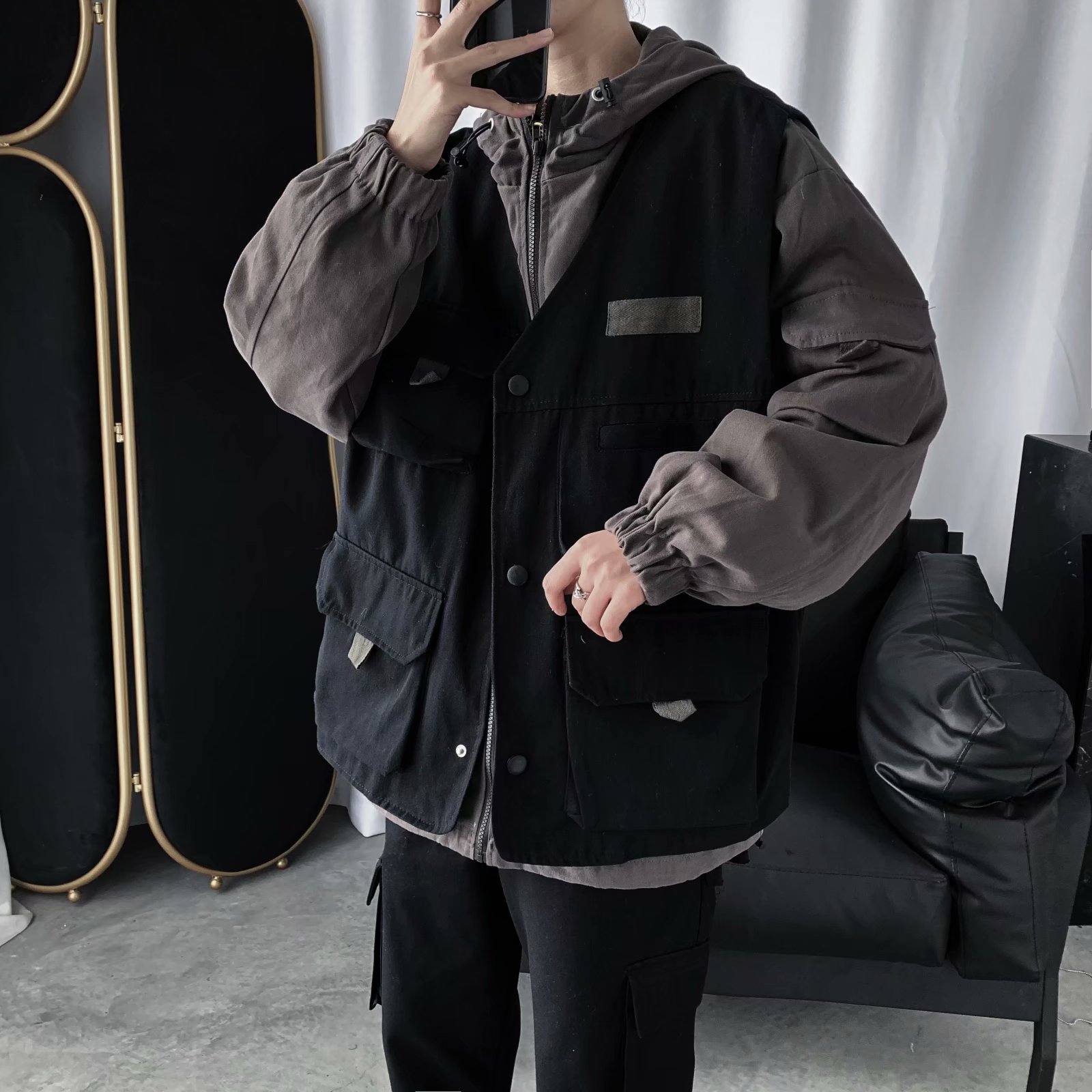 实拍 韩版潮流男嘻哈宽松港风街头男连帽多口袋夹克学生外套