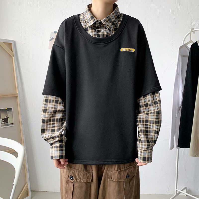 实拍 韩版潮流假两件百搭上衣港风街头宽松学生时尚衬衣男