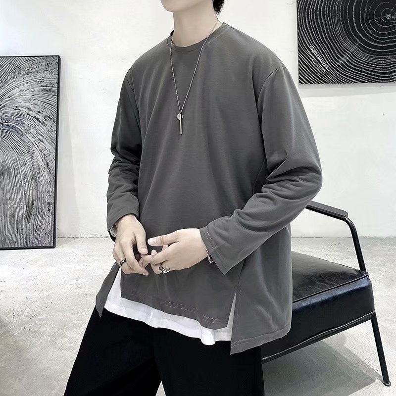 实拍 港风街头百搭纯色长袖T恤韩版潮流宽松落肩圆领上衣男