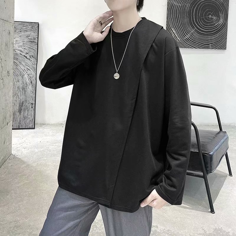 实拍 韩版潮流宽松百搭上衣港风街头复古纯色学生T恤圆领男