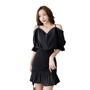 PS11899# 新款韩版女装性感V领露肩吊带包臀显瘦连衣裙 服装批发女装直播货源