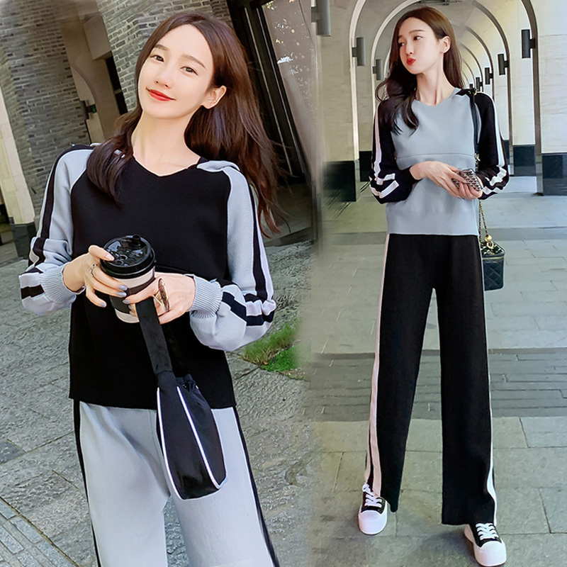 实拍9943#秋冬哺乳套装连帽长袖喂奶毛衣产后两件套针织阔腿长裤