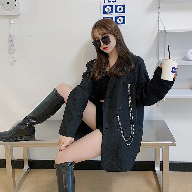 实拍2020秋季新款西装长袖外套港味链条小西装