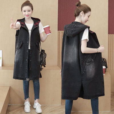 休闲中长拼接格子连帽牛仔衣马夹外套女装宽松显瘦无袖牛仔风衣