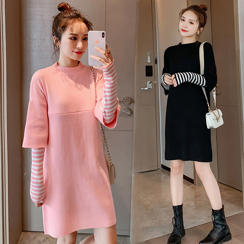 实拍9937#秋冬哺乳毛衣假两件针织连衣裙潮妈产后减龄显瘦喂奶衣