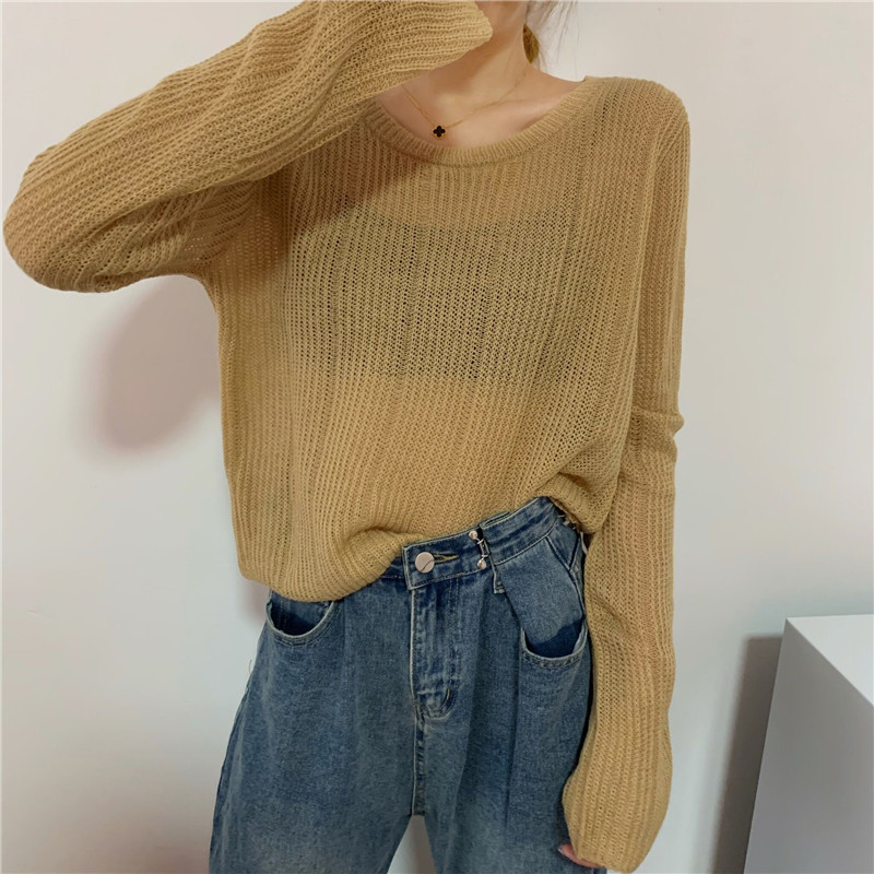 实拍2020新款欧货时尚圆领镂空慵懒风长袖微透针织衫罩衫女