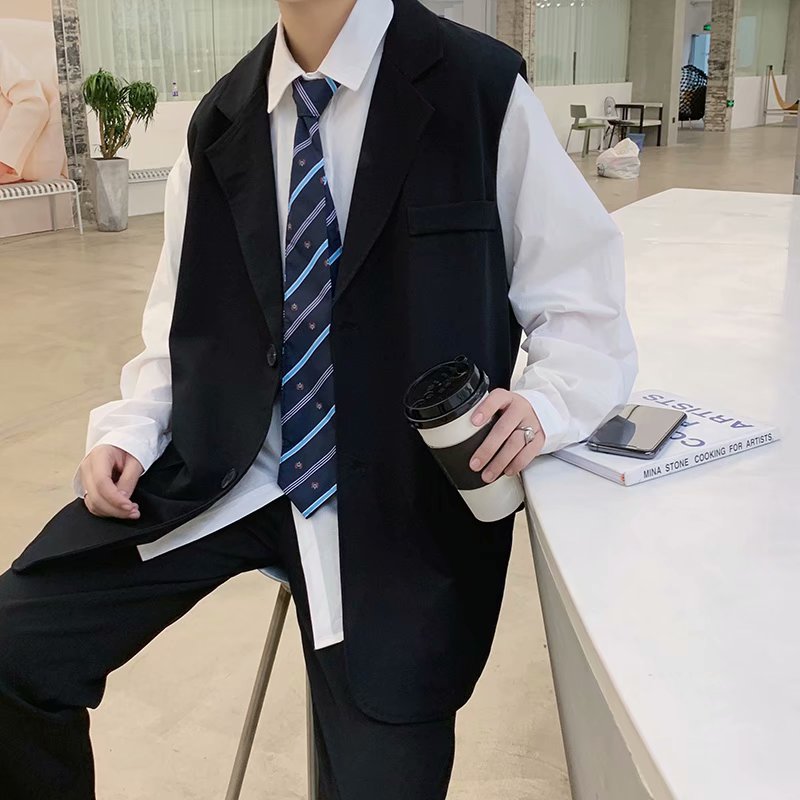 实拍 日系双层西装马甲韩版修身上衣港风街头学生翻领外套背心男
