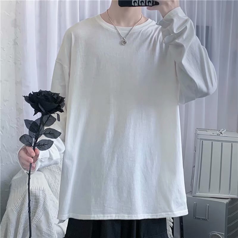 实拍 韩版简约纯色圆领上衣港风街头日系学生百搭长袖T恤男