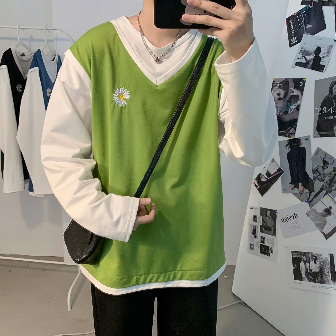实拍 韩版潮流日系拼接上衣港风街头宽松假两件百搭学生长袖T恤男