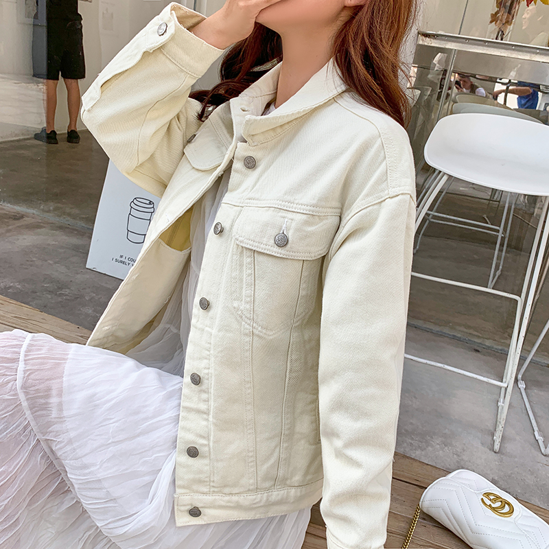 实拍2020秋季新款白色牛仔外套女宽松韩版小个子廓形牛仔上衣