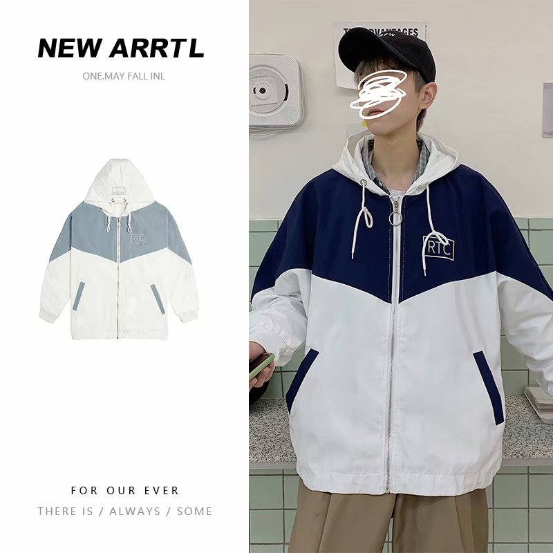 实拍 韩版街头日系青年宽松拼色上衣港风抽绳连帽百搭学生外套潮