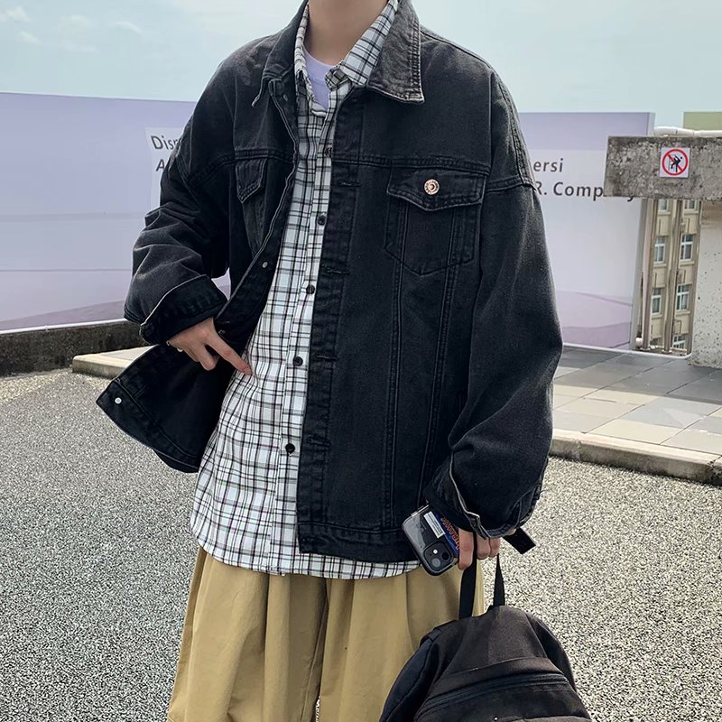实拍 牛仔外套男港风街头纯色百搭韩版宽松翻领学生上衣
