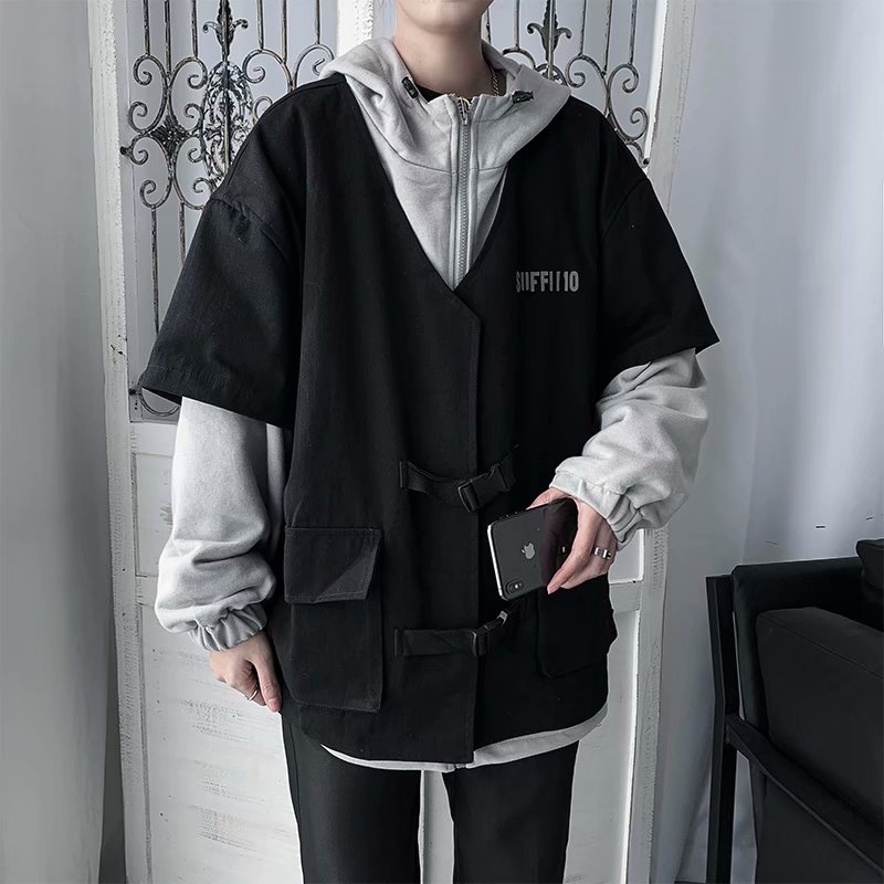 实拍 韩版潮流拼接拼色卫衣男港风街头日系青年印花学生连帽外套