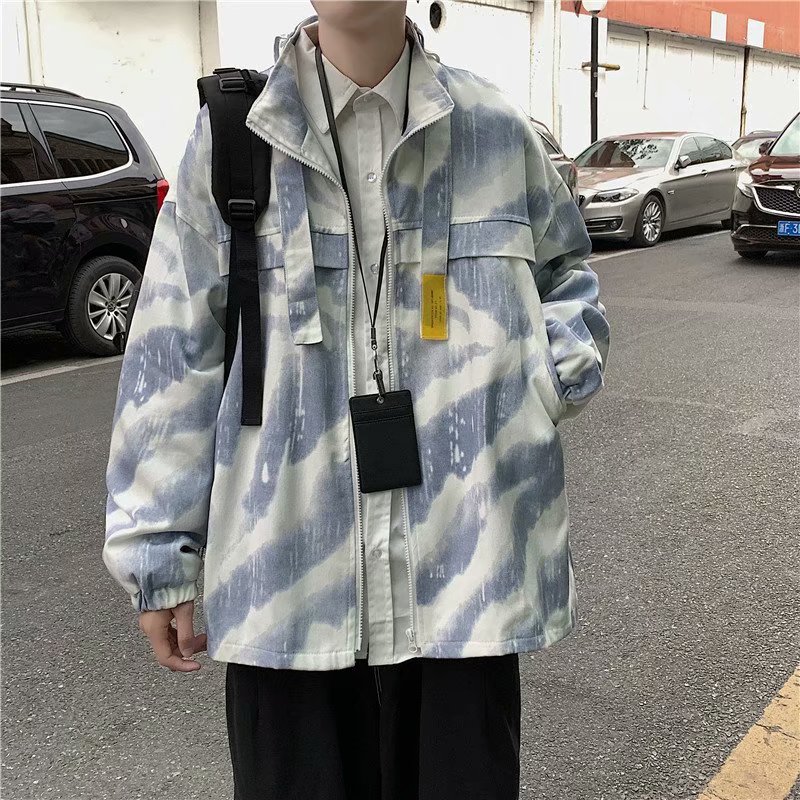 实拍 日系青年韩版潮流宽松上衣男港风街头扎染百搭学生外套夹克