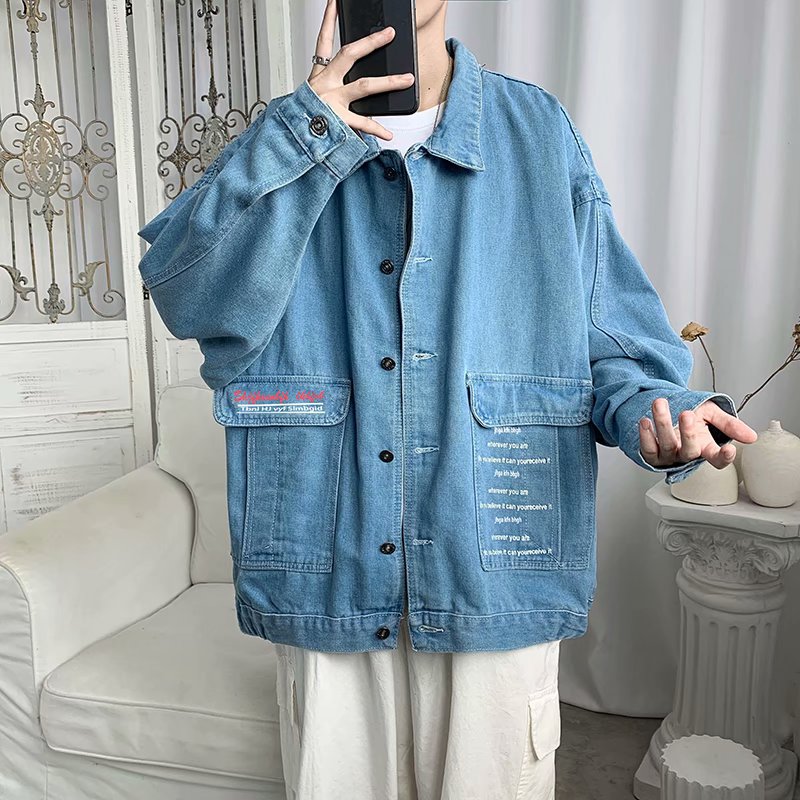 实拍 港风街头宽松纯色百搭上衣男日系青年韩版翻领牛仔外套潮