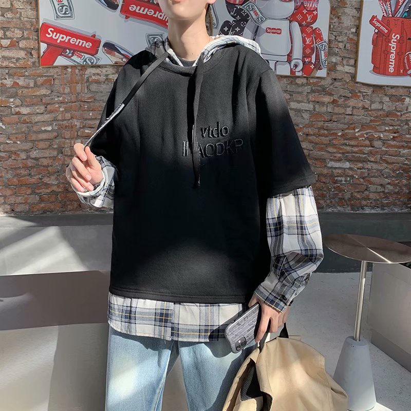 实拍 港风街头宽松格子衬衫拼接连帽卫衣男韩版潮流百搭学生上衣