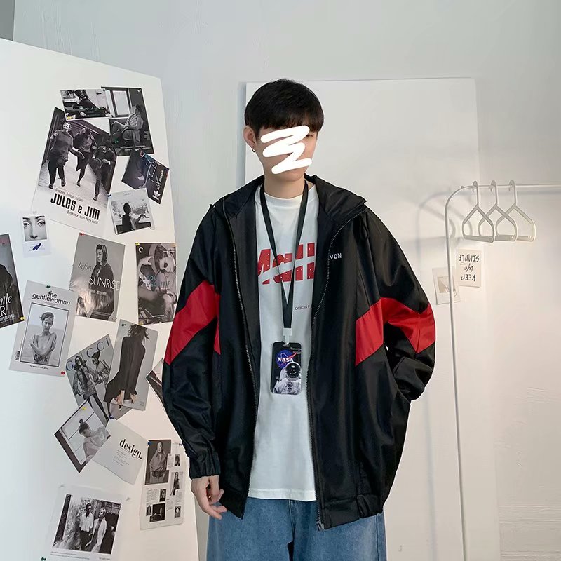 实拍 日系港风街头拼色拼接连帽上衣韩版宽松纯色百搭外套男