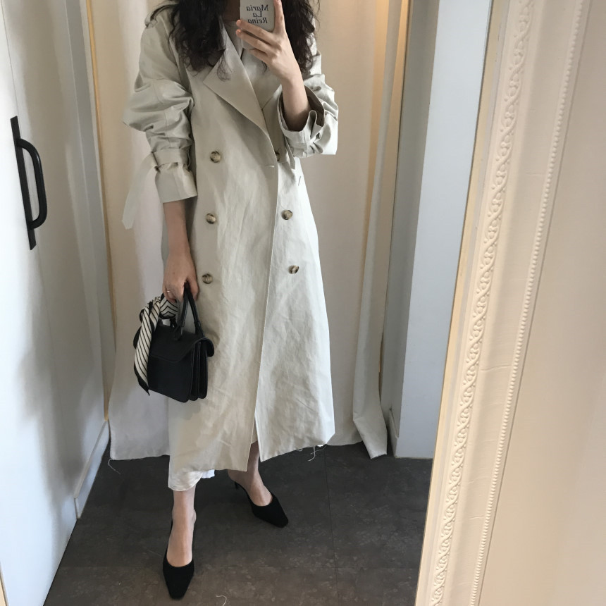 复古小众 西装领双排扣宽松风衣系带长款外套 2色