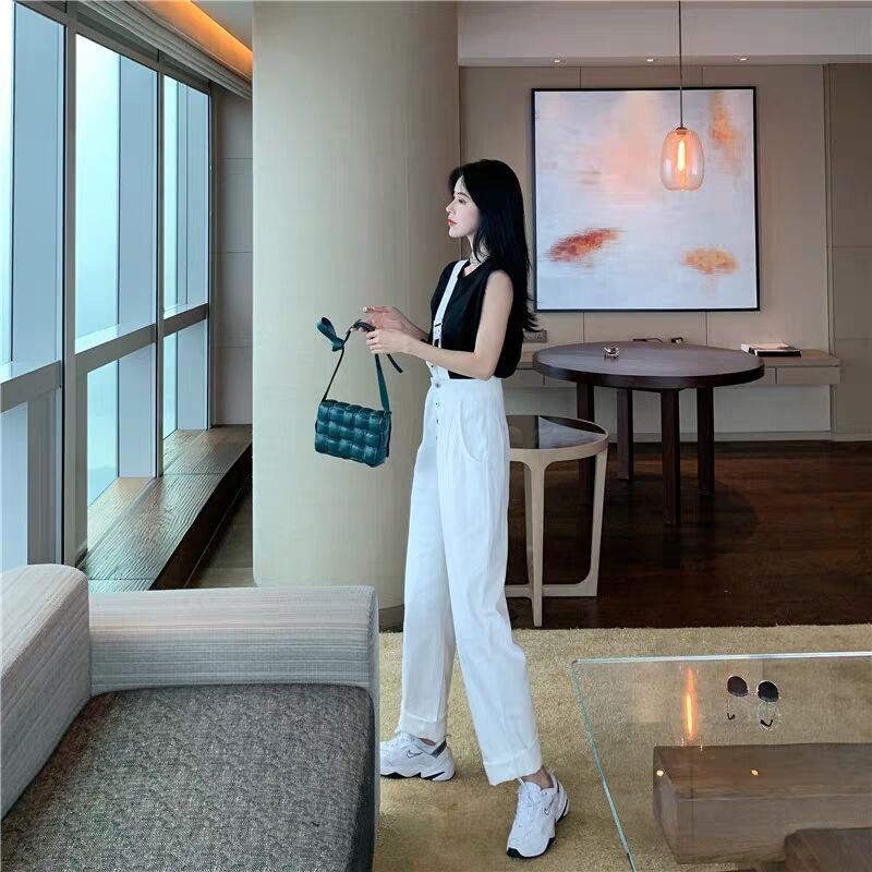 单肩背带裤女韩版宽松2020年新款时尚夏季网红高腰显瘦白色牛仔裤