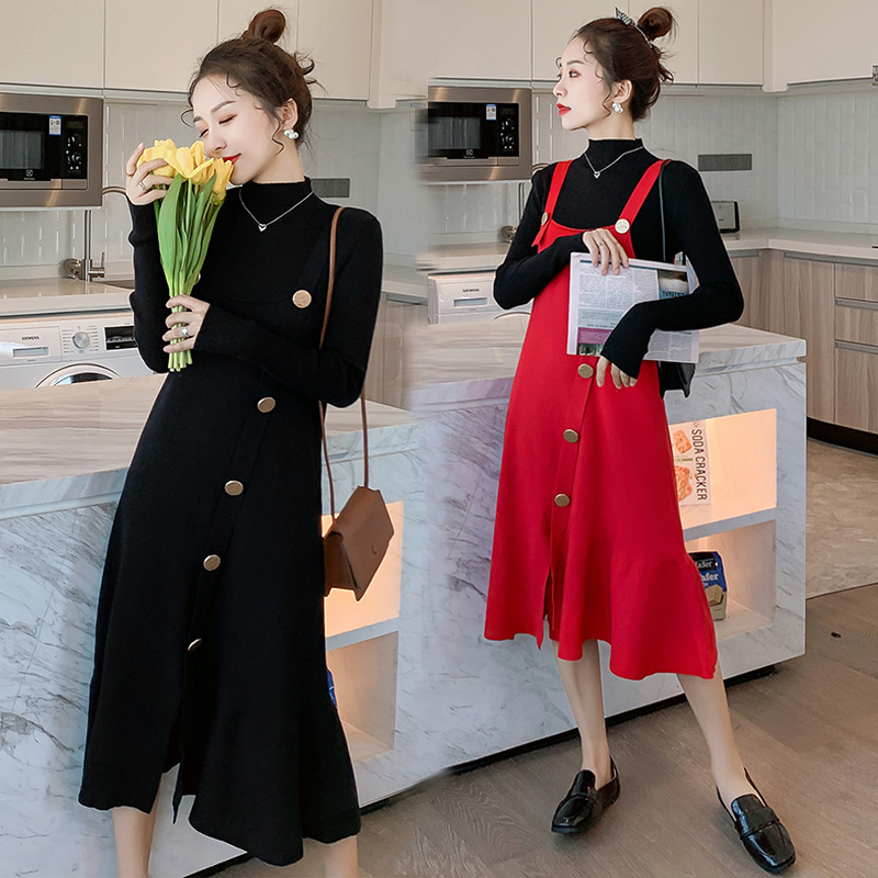 实拍6005#孕妇秋冬毛衣套装显瘦长袖上衣两件套针织背带连衣裙潮