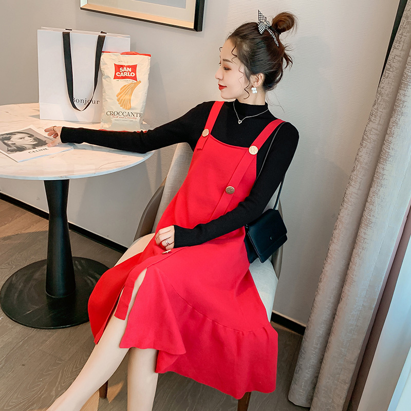 实拍8005#秋冬哺乳套装长袖喂奶上衣产后两件套针织背带连衣裙潮