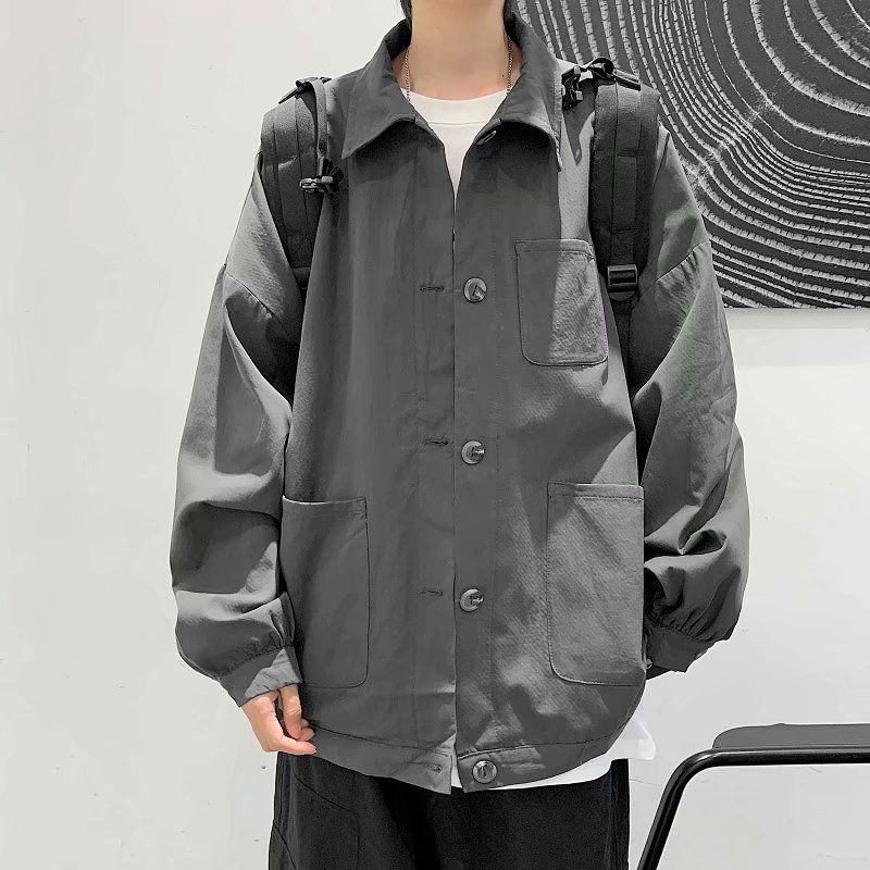 实拍 韩版街头日系青年纯色百搭上衣男港风街头大口袋工装风外套