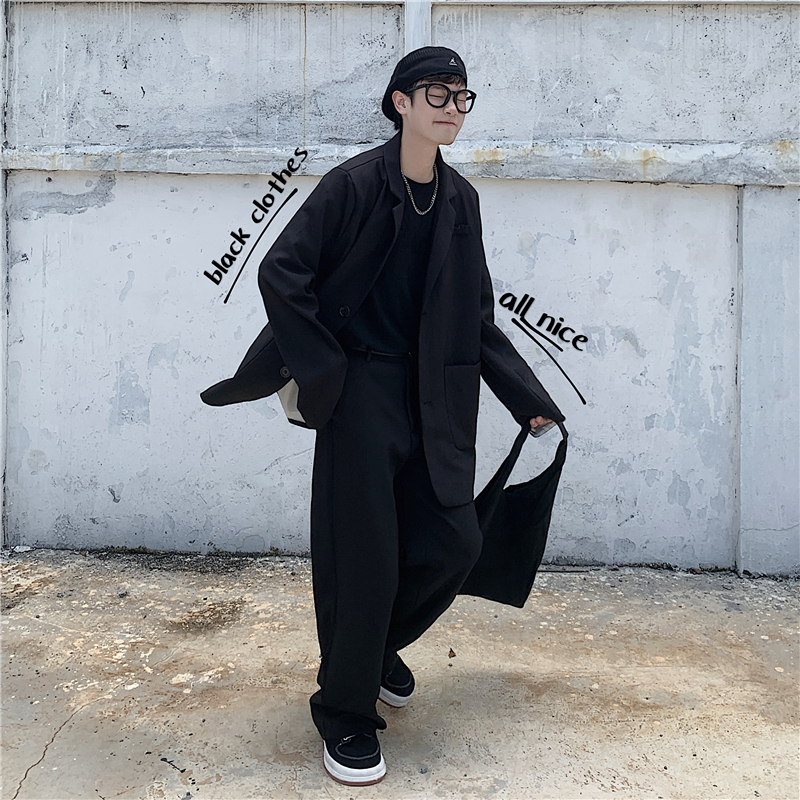 控价50韩国复古潮流西装外套+阔腿西裤ins潮流休闲宽松纯黑套装