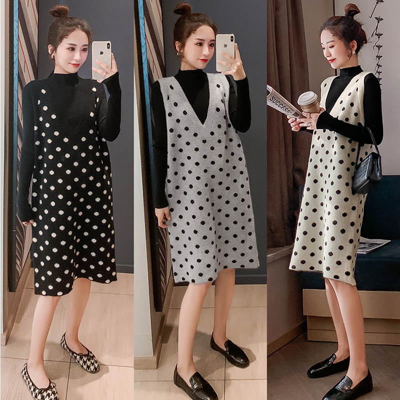 实拍9940#秋冬哺乳套装时尚高领喂奶毛衣两件套波点针织背心裙潮