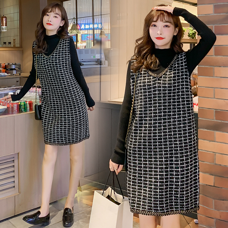 实拍1977#孕妇秋冬毛衣宽松中长款打底衫针织上衣马甲套装两件套