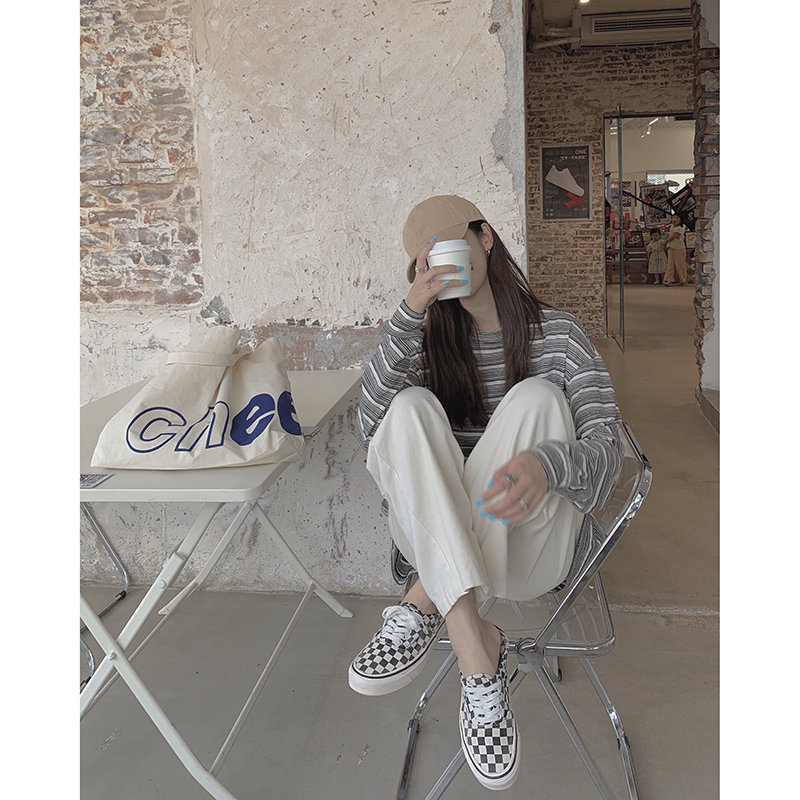 白水女 杏色休闲裤女2020秋垂感显瘦高腰直筒裤宽松百搭纯棉裤子