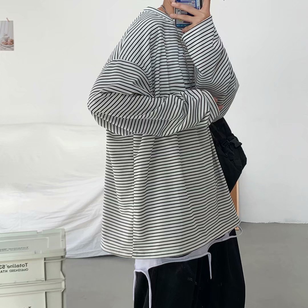 实拍 港风日系简约街头条纹宽松圆领上衣男韩版百搭长袖休闲上衣