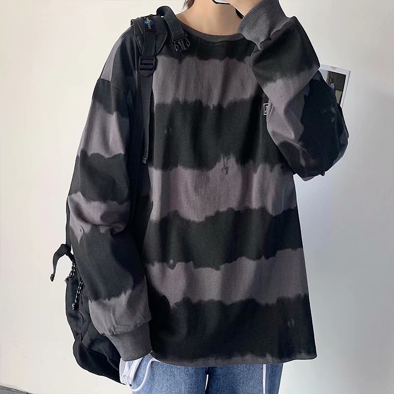 实拍 日系去韩版青年宽松圆领扎染上衣男港风街头宽松百搭长袖T恤