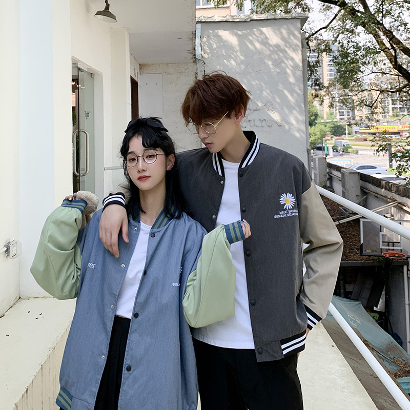 实拍 韩版情侣宽松百搭棒球服港风日系休闲运动拼色潮流夹克外套
