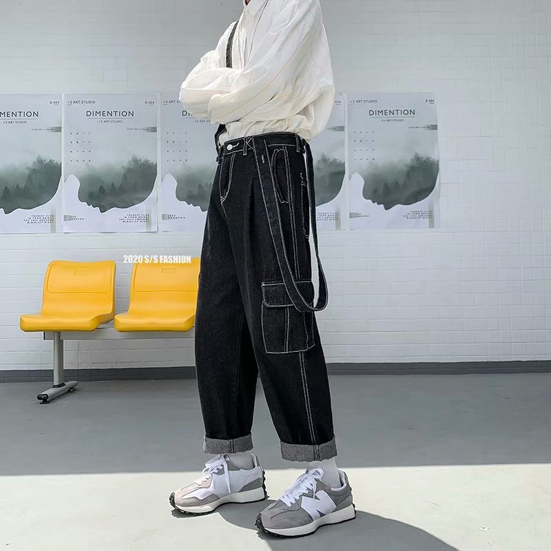 实拍 日系青年港风纯色百搭水洗牛仔九分裤韩版休闲潮流背带裤男