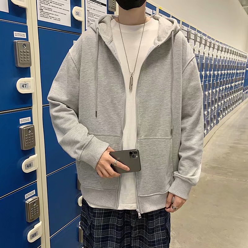 实拍 日系纯色百搭港风街头休闲上衣男韩版宽松连帽拉链开衫外套