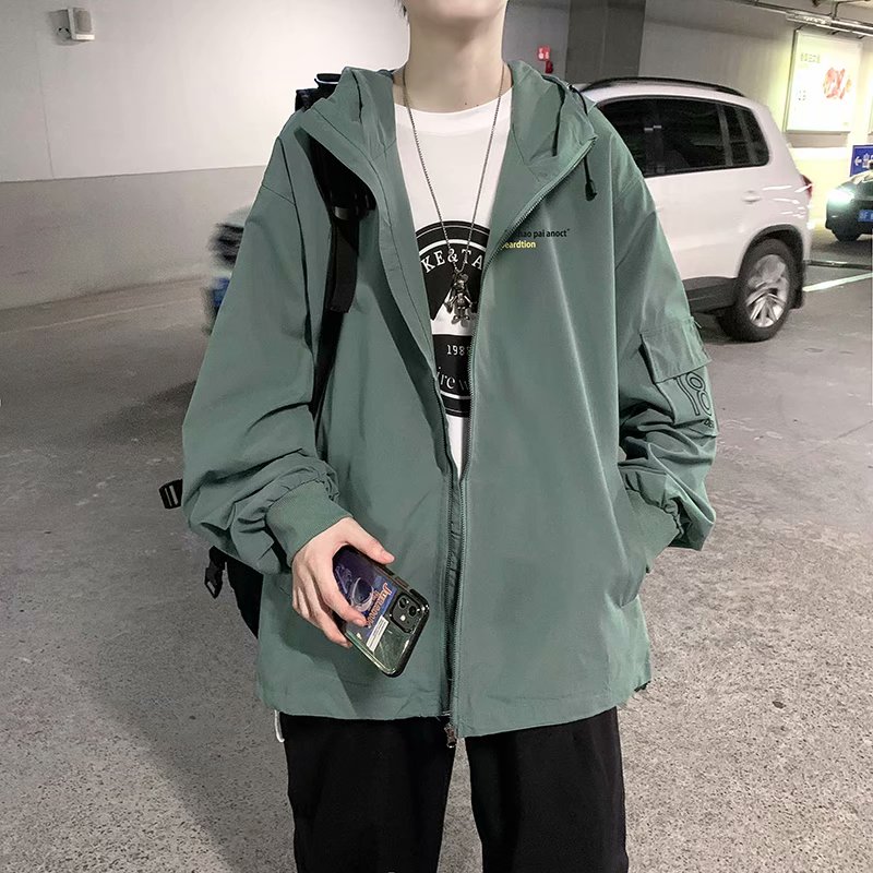实拍 港风宽松街头纯色连帽百搭上衣男韩版日系休闲运动夹克外套