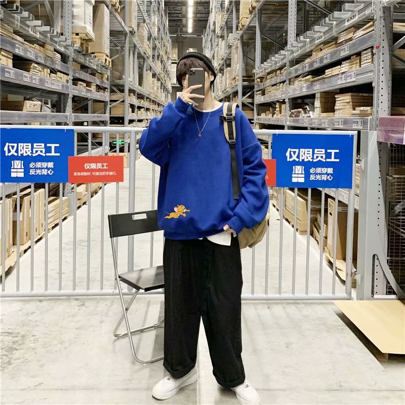 实拍 港风宽松街头纯色百搭圆领上衣男日系青年韩版休闲运动卫衣