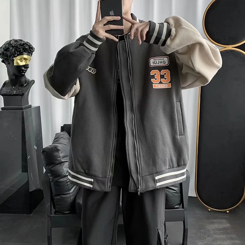 实拍 韩版日系青年宽松百搭休闲开衫上衣男港风街头运动棒球衫潮