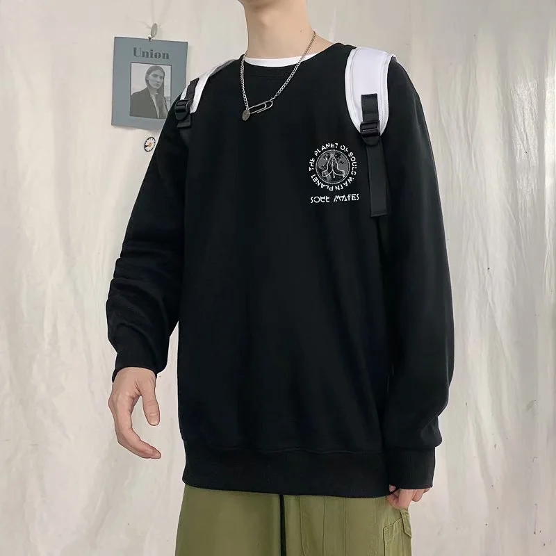 实拍 港风韩版街头潮流印花宽松上衣男日系圆领百搭长袖卫衣