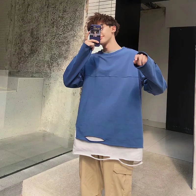 实拍 韩版宽松纯色百搭圆领长袖上衣男港风日系休闲运动潮流卫衣