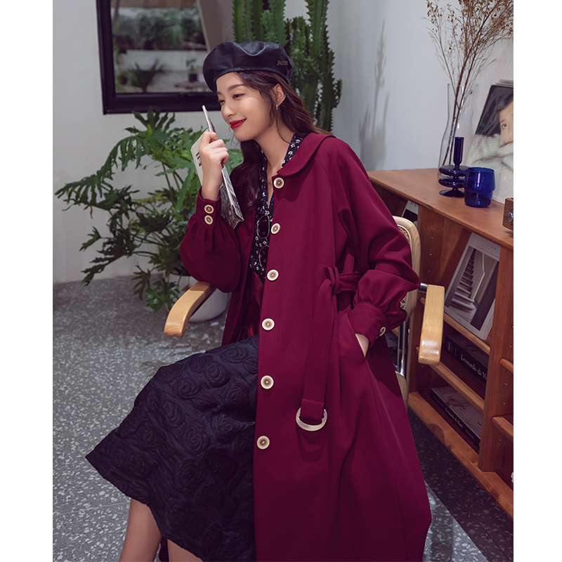 秋冬原创实拍法式复古风娃娃领宽松腰带风衣外套长款送皮带