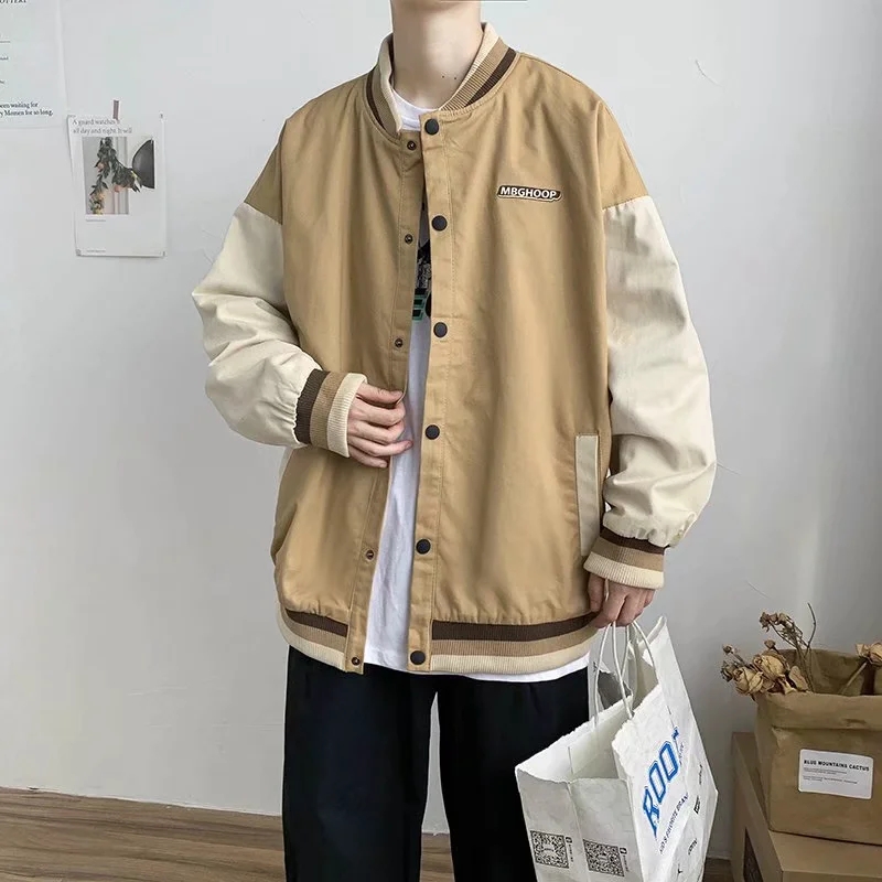 实拍 港风日系青年街头拼色拼接夹克上衣男韩版宽松休闲运动外套