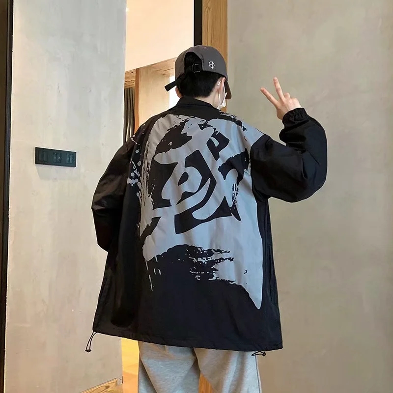 实拍 韩版港风街头潮流印花宽松百搭夹克上衣男日系青年休闲外套