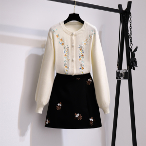 Embroidered three-dimensional floret sweater + high waist woolen skirt suit female