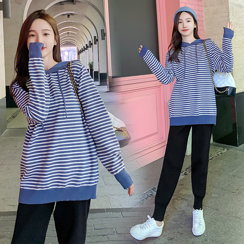 实拍6002#孕妇秋冬毛衣套装网红连帽条纹卫衣两件套针织阔腿长裤