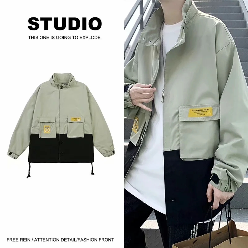 实拍 拼色拼接韩版宽松休闲夹克上衣男港风日系街头百搭潮流外套