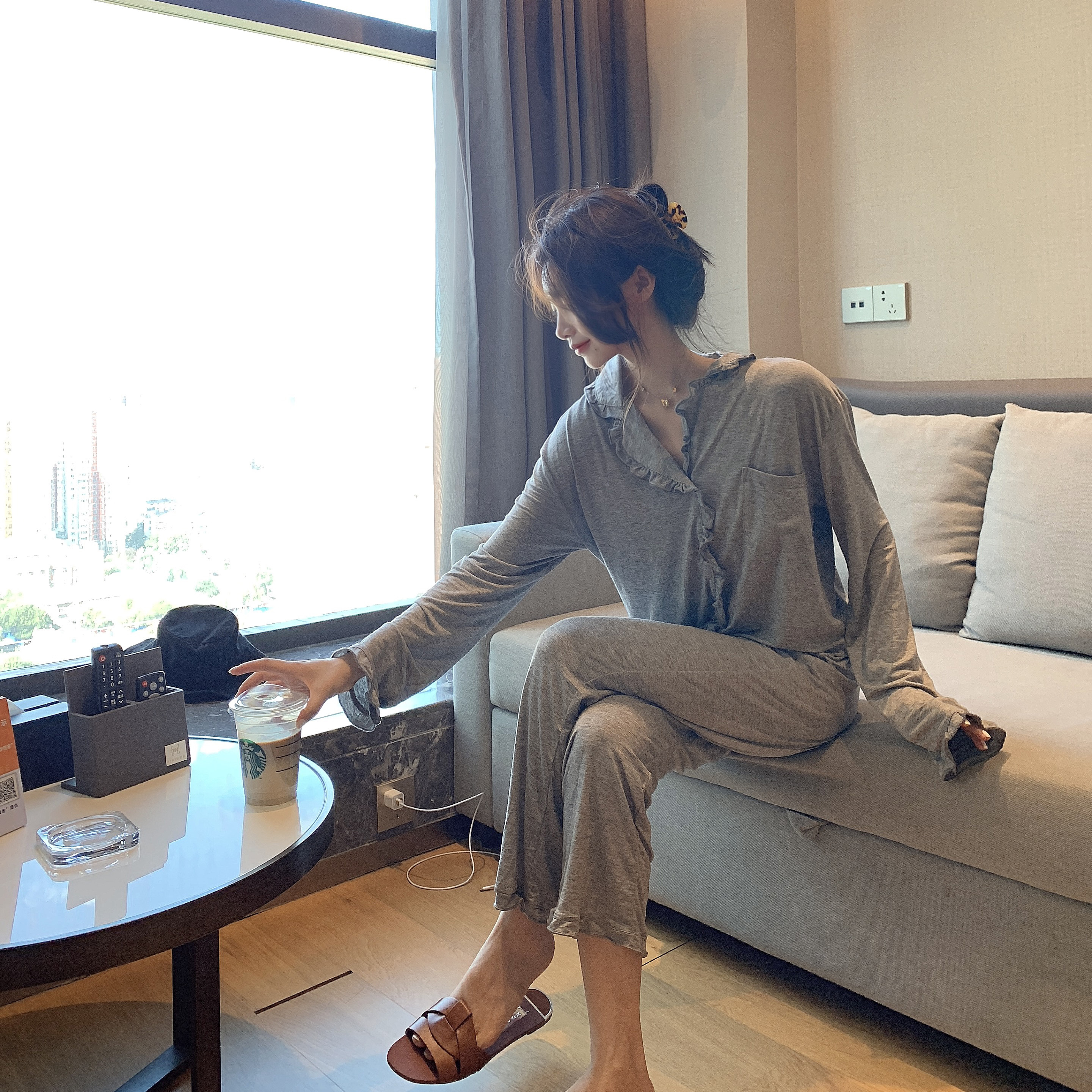 实拍 2020秋季新款莫代尔睡衣女春秋冰丝感薄款长袖家居服两件套