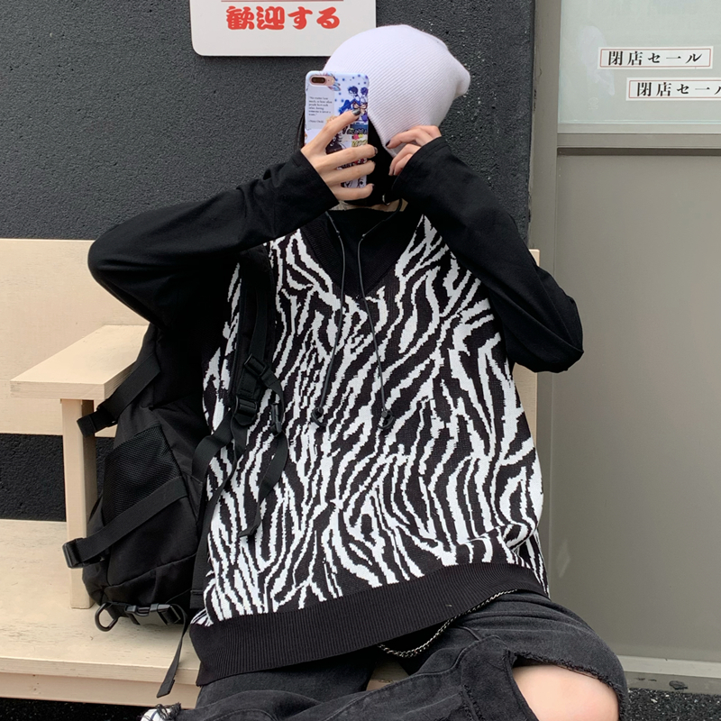 控价韩国复古毛衣背心马甲宽松ins潮流斑马纹男女马夹坎肩外搭